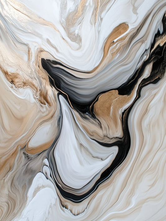 Abstract marble wall art print in swirling beige, white, black, and metallic gold with fluid movement