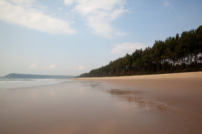 The FN Prints "Deserted Beach" captures a serene shoreline with wet sand mirroring the sky and a forested area on the right. The pristine beach curves gently into the distance, while calm waves softly lap at the sand beneath a partly cloudy sky. The far end reveals a hazy outline of hills, creating an utterly tranquil landscape.