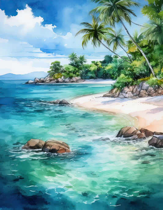 Experience the tranquil beauty of paradise with FN Prints' Tropical White Sands. This picturesque tropical beach scene is illustrated in watercolor, featuring clear turquoise waters gently lapping against a sandy shore lined with rocks and palm trees. Lush greenery and a distant island complete the serene, sunlit landscape under a partly cloudy blue sky, showcasing nature's serene coastline.