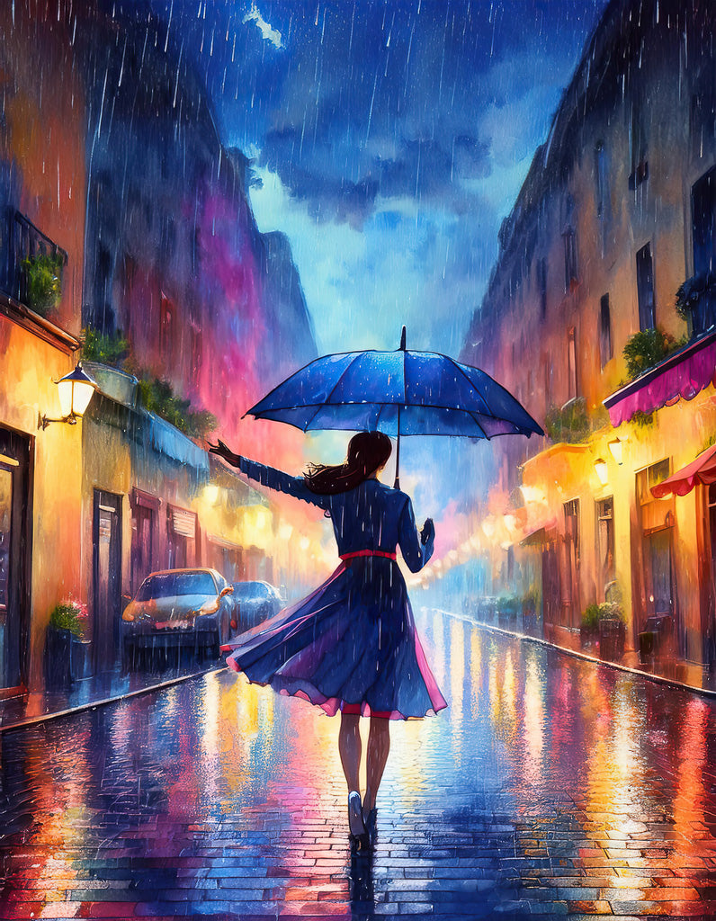 A woman with long hair and a blue coat holds an umbrella while walking down a vibrant, rain-soaked street at night. The scene, reminiscent of a watercolour style, captures the essence of City Nights: Dancing In The Rain by FN Prints, with colorful lights reflecting on the wet pavement and soft, glowing street lamps surrounding her.