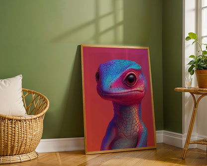 A Disco Gecko portrait from FN Prints leans against a green wall, its scales bursting with blue and pink hues. The room's whimsical aesthetic is accentuated by a wicker chair with a white cushion and a small wooden table holding a potted plant, all bathed in streaming sunlight.