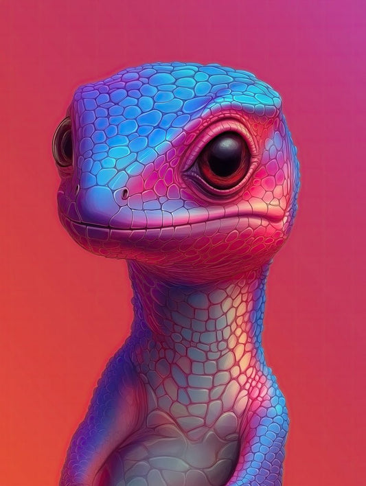 Introducing the "Disco Gecko" by FN Prints: a vibrant digital illustration showcasing a gecko portrait adorned in iridescent scales of blue, pink, and purple. Set against a gradient backdrop of orange and red, this whimsical piece bursts to life with the lizard's large, expressive eyes and curious expression.