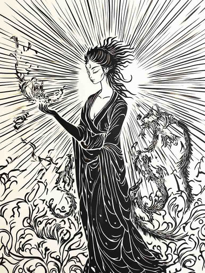 The product "Divine Ascendance" from FN Prints features a monochrome illustration of a woman in a flowing robe, her hair and garments billowing. She gracefully holds a small, fiery dragon in her hand, surrounded by swirling lines and mythical symbols that convey movement and energy.