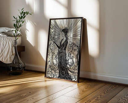 The product, "Divine Ascendance" by FN Prints, is a framed monochrome illustration depicting a woman with flowing hair and ornate robes, embellished with mythical symbols. It stands against a light-colored wall on a wooden floor, while sunlight streams through a window casting shadows. Nearby, a potted plant adds greenery to the scene.