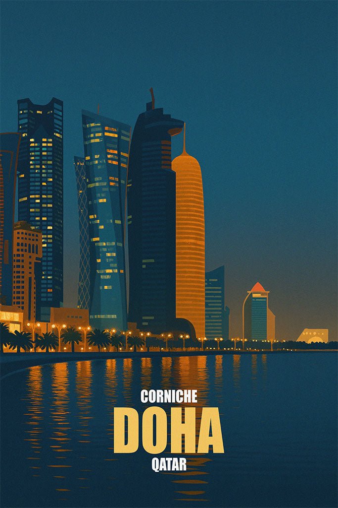 City skyline of Doha, Qatar with illuminated buildings and Corniche area text.