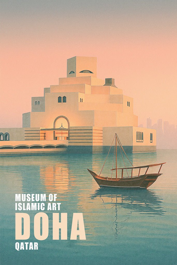 Poster art of Museum of Islamic Art in Doha, Qatar, with dhow boat on calm water at sunset.