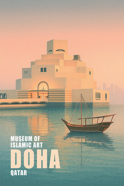 Poster art of Museum of Islamic Art in Doha, Qatar, with dhow boat on calm water at sunset.