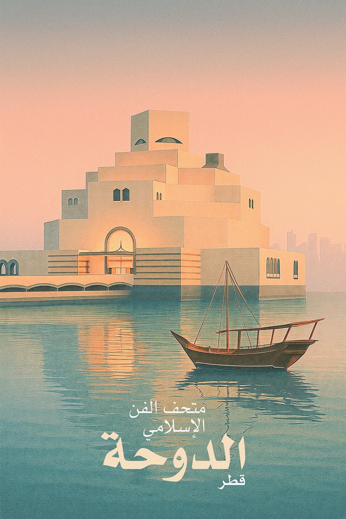Poster art of Museum of Islamic Art in Doha, Qatar, with dhow boat on calm water at sunset.