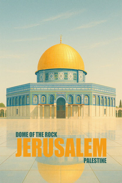 Vintage art print of the Dome of the Rock in Jerusalem, Palestine, featuring a golden dome and blue tile work.