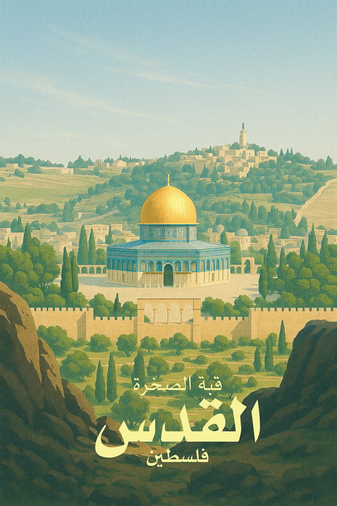Panoramic vintage-style art print of Dome of the Rock in Jerusalem, Palestine, surrounded by hills and trees.