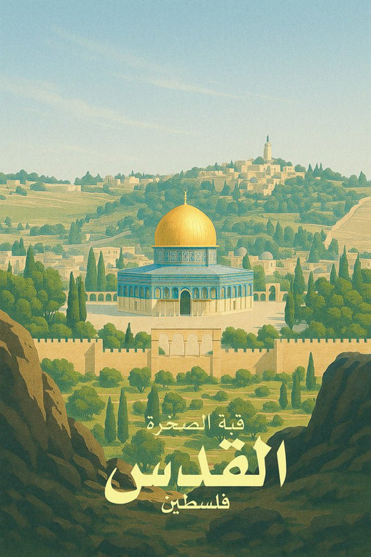 Panoramic vintage-style art print of Dome of the Rock in Jerusalem, Palestine, surrounded by hills and trees.