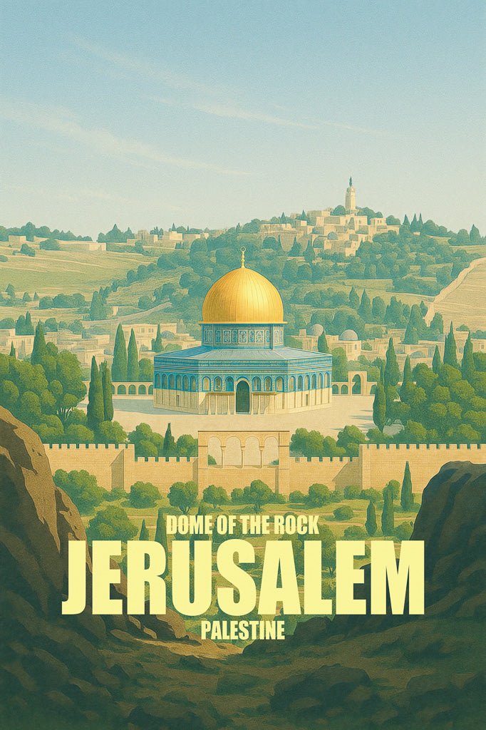 Panoramic vintage-style art print of Dome of the Rock in Jerusalem, Palestine, surrounded by hills and trees.