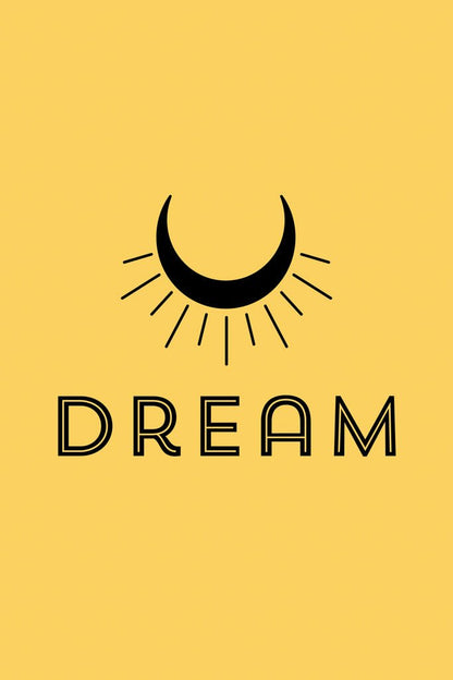 A yellow background highlights a stylized black crescent moon with rays, artfully arranged above "DREAM" in bold, geometric letters. Perfect for motivational posters or bedroom decor, this FN Prints design captures the essence of creative studios.