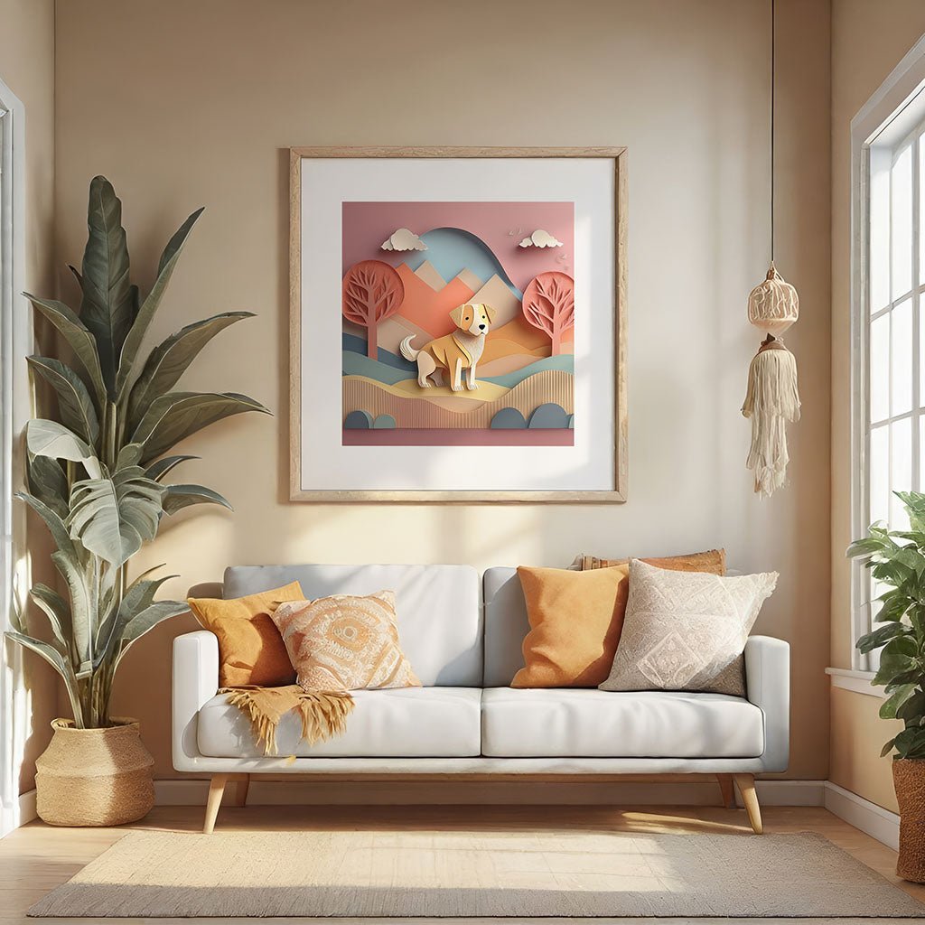 A cozy living room features a white sofa adorned with orange and beige cushions. To the left, a large plant adds greenery, while a wall hanging on the right balances the decor. Above the sofa, "Drue The Dog," a digital art print by FN Prints depicting a dog in an abstract landscape, infuses charm into the space. Natural light filters in, creating an inviting atmosphere for imaginative play.