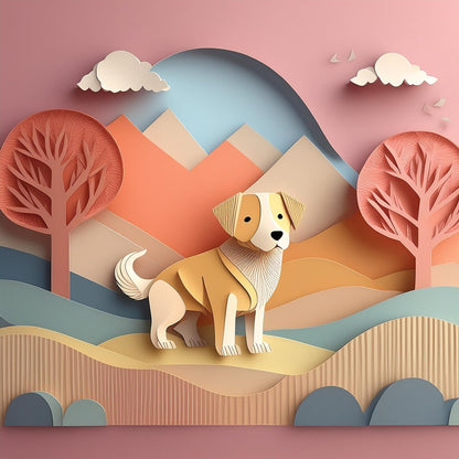 A whimsical artwork from FN Prints, "Drue The Dog" features a playful paper-cut style illustration of a yellow dog with floppy ears sitting in a vibrant landscape. The background showcases rolling hills, mountains, two trees with circular canopies, and clouds against a light pink backdrop—perfect for children's spaces.