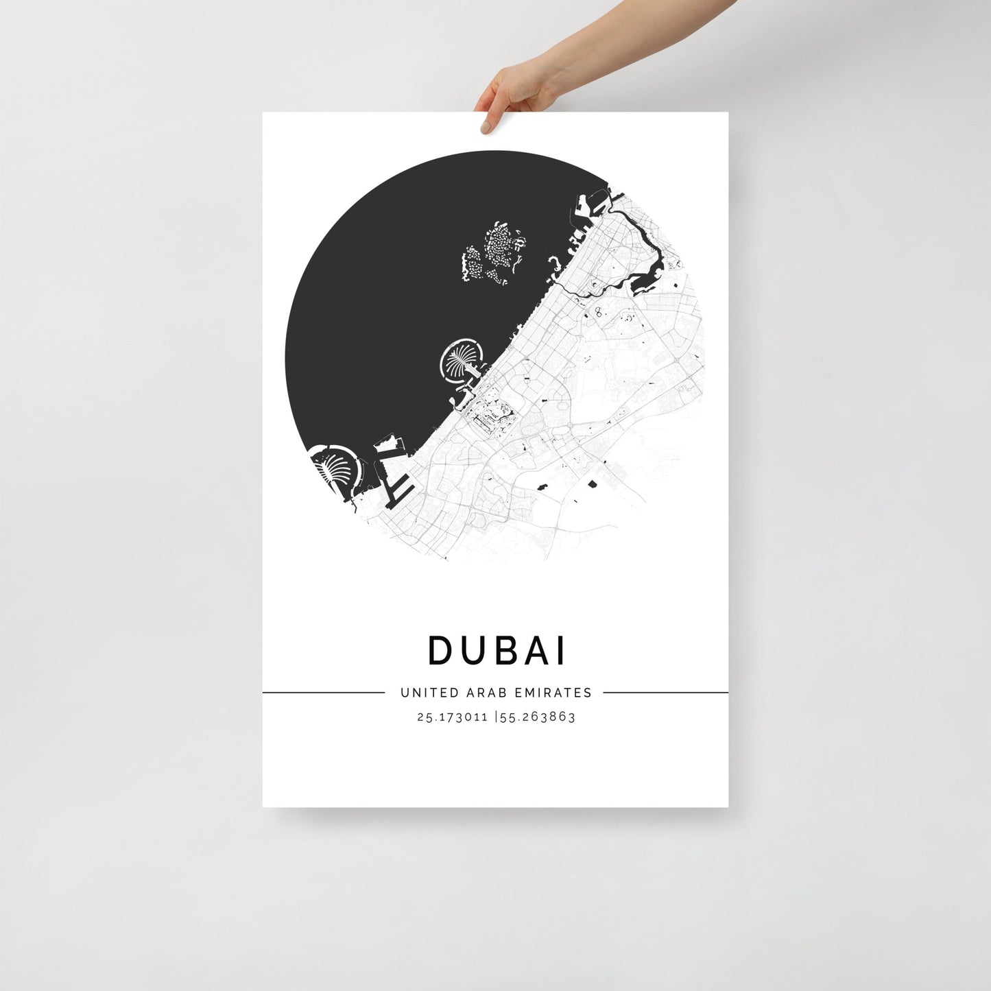 Dubai City Map poster with black and white design