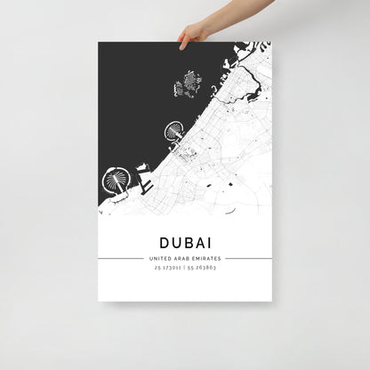 Dubai City Map poster with black and white design 