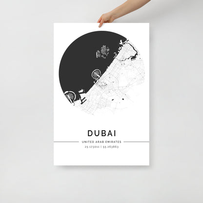 Dubai City Map poster with black and white design 