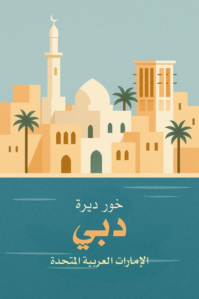 Illustrated art print of Dubai Creek (Deira), UAE, showing old mosque, palm trees, and heritage wind towers along the water.
