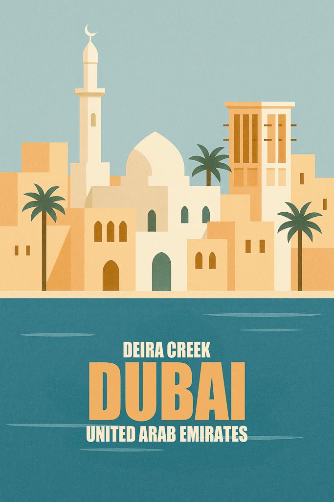 Illustrated art print of Dubai Creek (Deira), UAE, showing old mosque, palm trees, and heritage wind towers along the water.