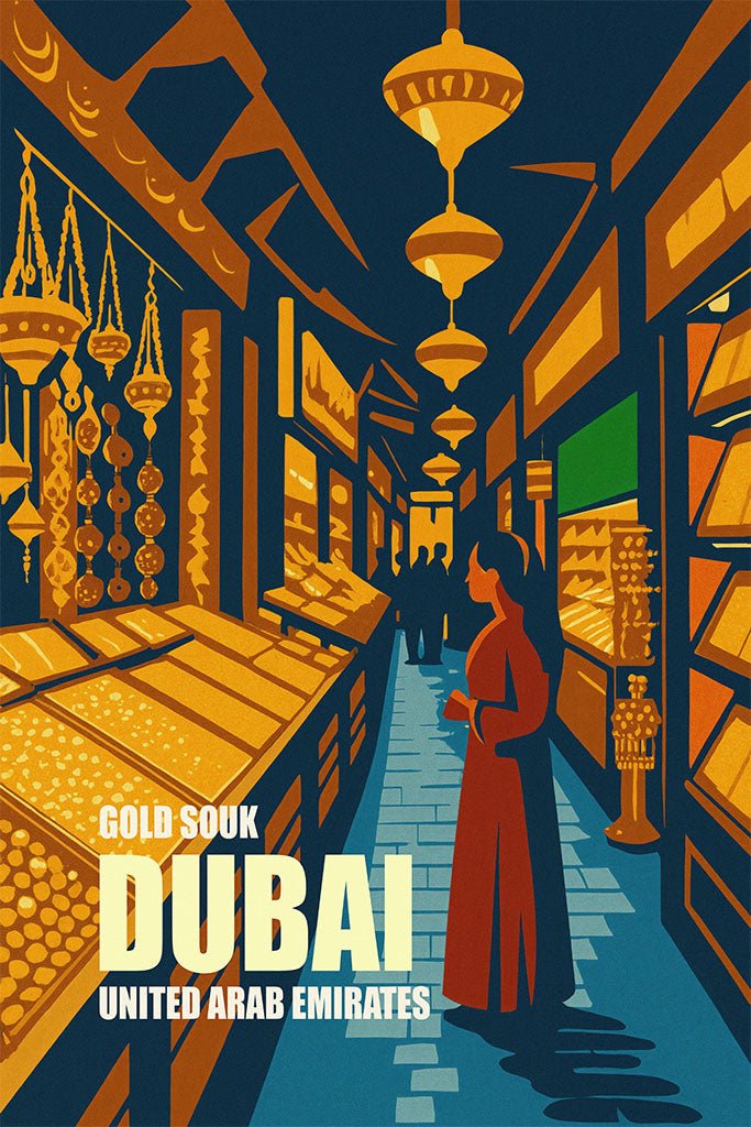 Illustration of a Gold Souk in Dubai with a person in traditional attire.