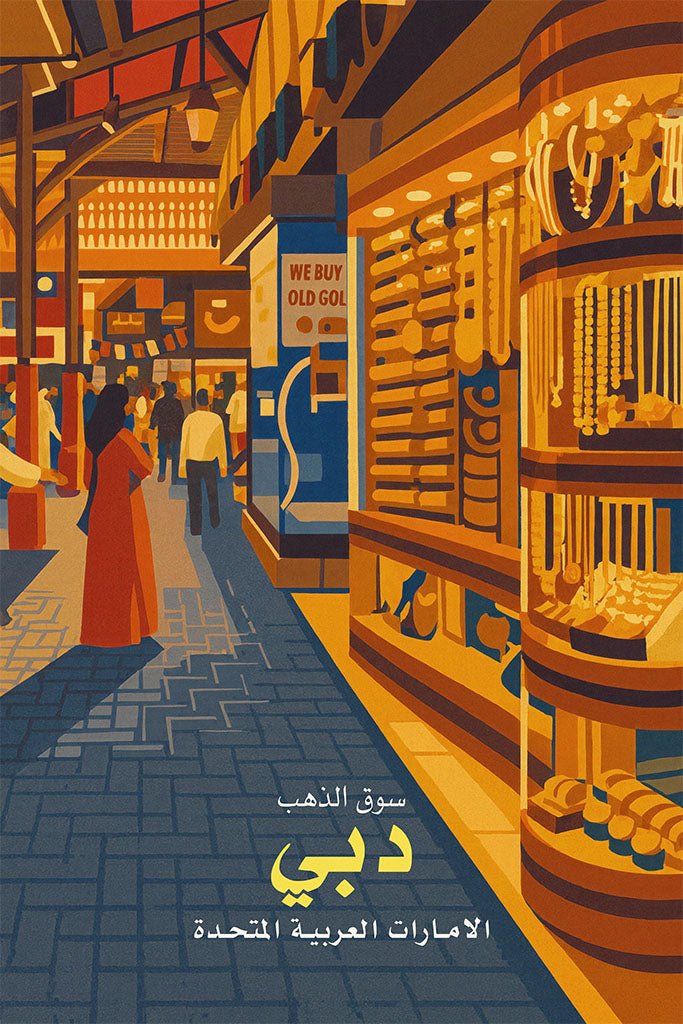 Illustration of a Gold Souk in Dubai with people shopping and gold jewelry on display.