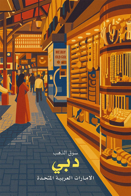 Illustration of a Gold Souk in Dubai with people shopping and gold jewelry on display.
