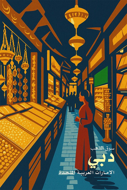 Illustration of a Gold Souk in Dubai with a person in traditional attire.
