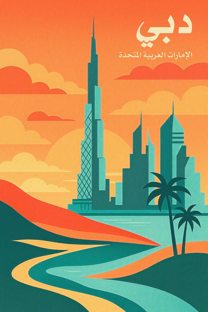 Retro-style illustration of Dubai skyline with Burj Khalifa and desert curves in warm tones.