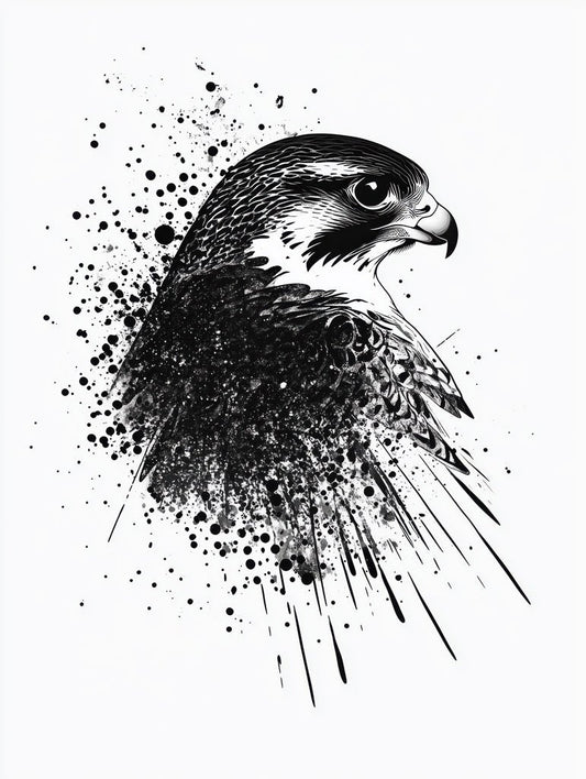 An abstract ink art print of a falcon, with splashes of ink radiating from the bird, symbolizing motion and power.