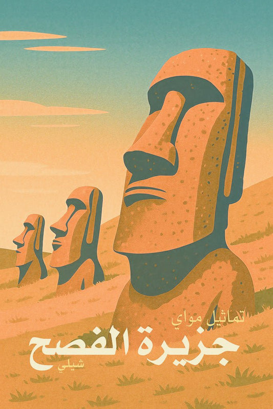 Retro poster-style illustration of Moai statues on Easter Island, Chile, with Arabic text overlay.