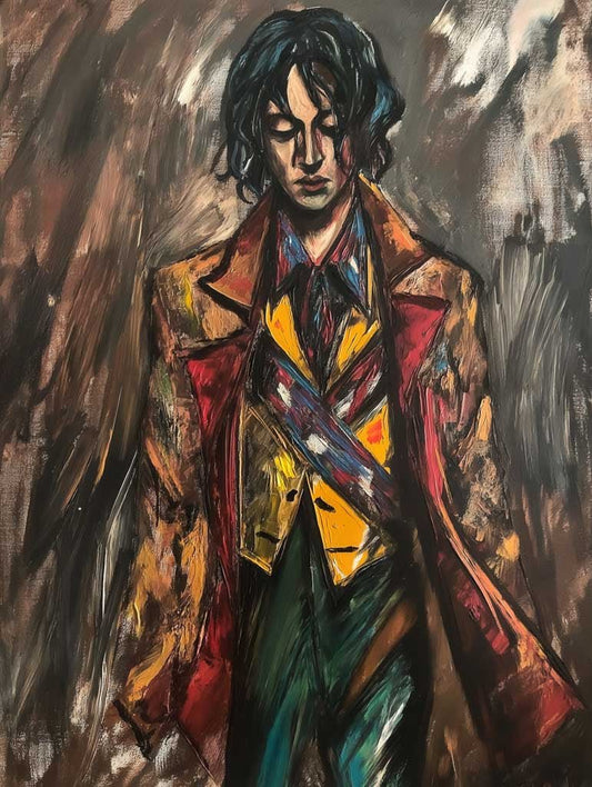 In FN Prints' "Eccentric Wanderer," a thick oil painting style beautifully captures a person with dark, wavy hair dressed in a red coat and yellow vest. Expressive brushstrokes dance across an abstract background of mixed tones, creating a pensive figure ideal for eclectic living rooms.