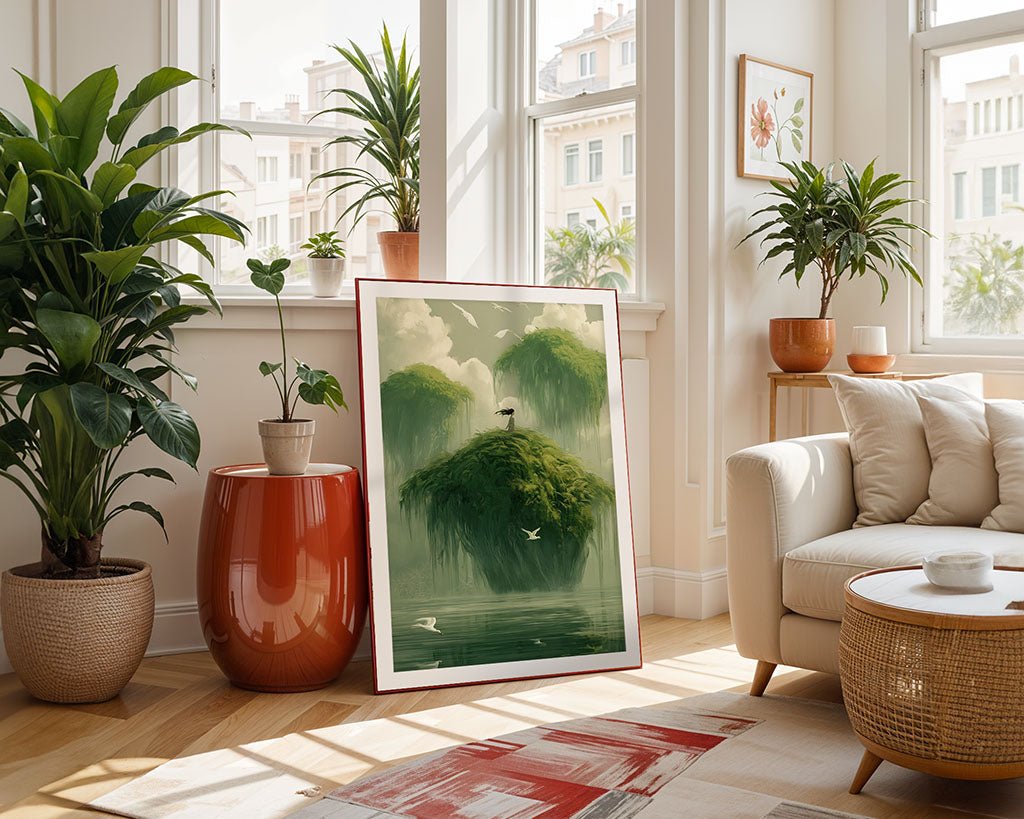 A bright living room with large windows showcases plants in assorted pots. Leaning on the floor is "Echoes in the Canopy," a serene landscape by FN Prints, featuring an island, trees, and birds. The modern decor includes a white sofa and a woven table.