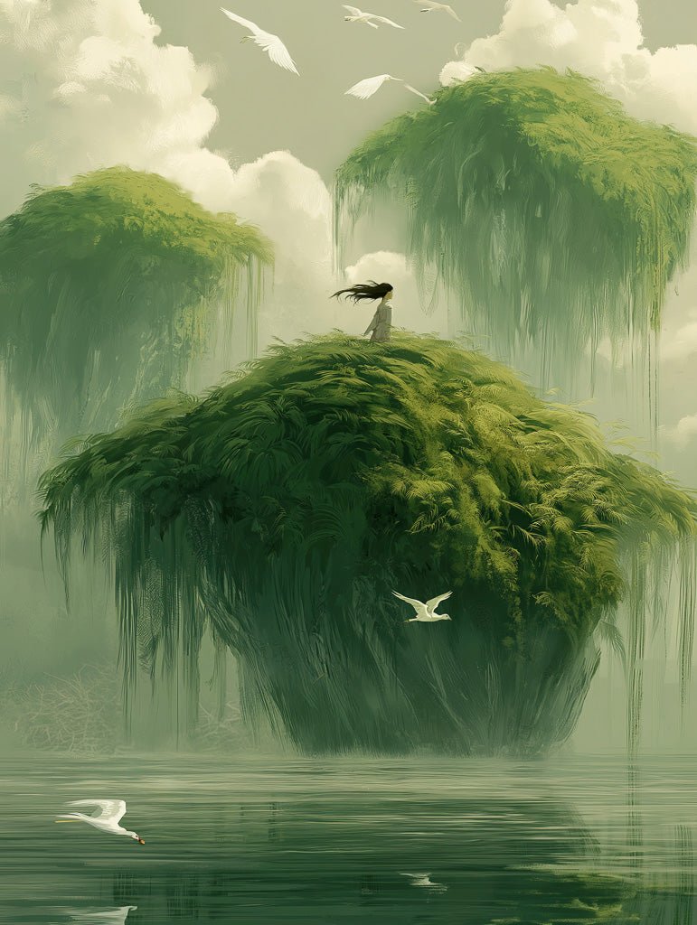 In FN Prints' "Echoes in the Canopy," a person sits atop a lush, green island with cascading foliage amidst calm waters. In this serene landscape, reminiscent of traditional Chinese illustration, several white birds glide gracefully through the cloudy sky.