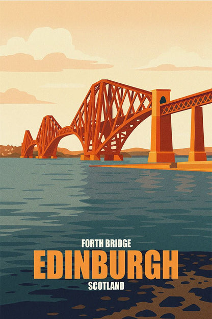 Illustration of the Forth Bridge in Edinburgh, Scotland with a vintage style.