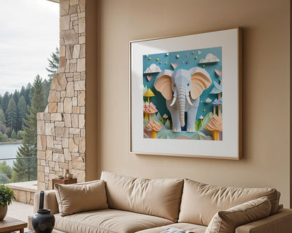 A living room showcases a beige sofa against a stone wall, with large windows offering views of trees and a lake. Above the sofa, "Efe The Elephant," a colorful digital art print by FN Prints, hangs on the wall. The artwork beautifully captures the folded paper effect of an elephant surrounded by nature—perfectly blending sophistication for children's spaces.