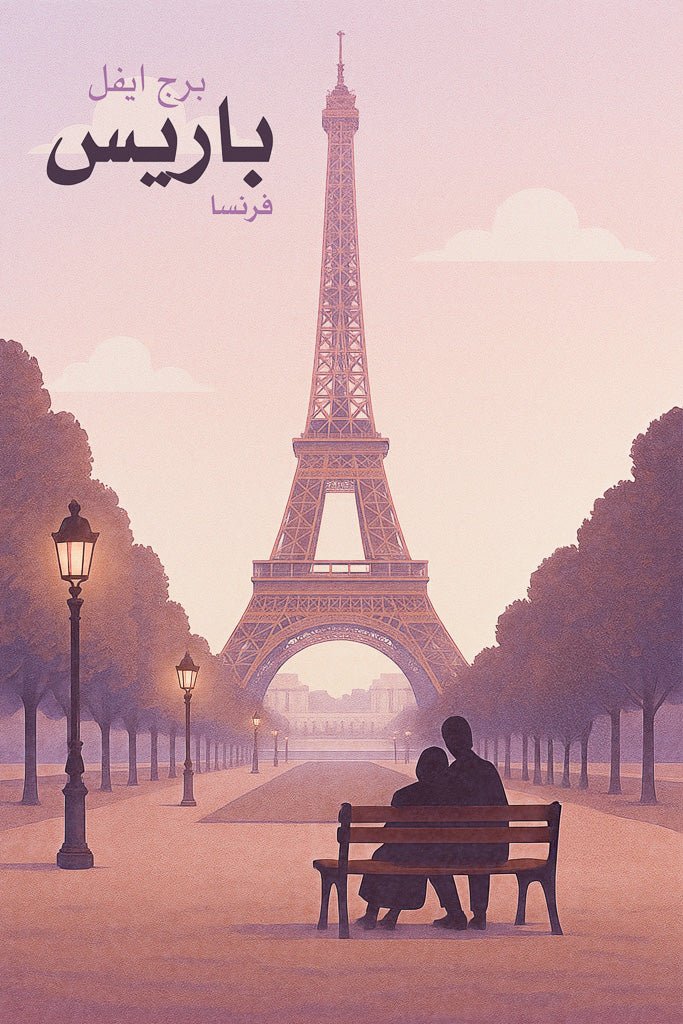 Vintage-style Eiffel Tower poster with Arabic text, showing a couple on a bench under pink skies.