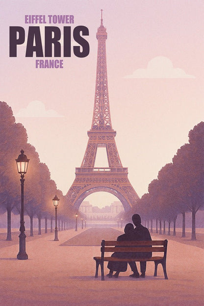 Vintage-style Eiffel Tower poster with English text, showing a couple on a bench under pink skies.