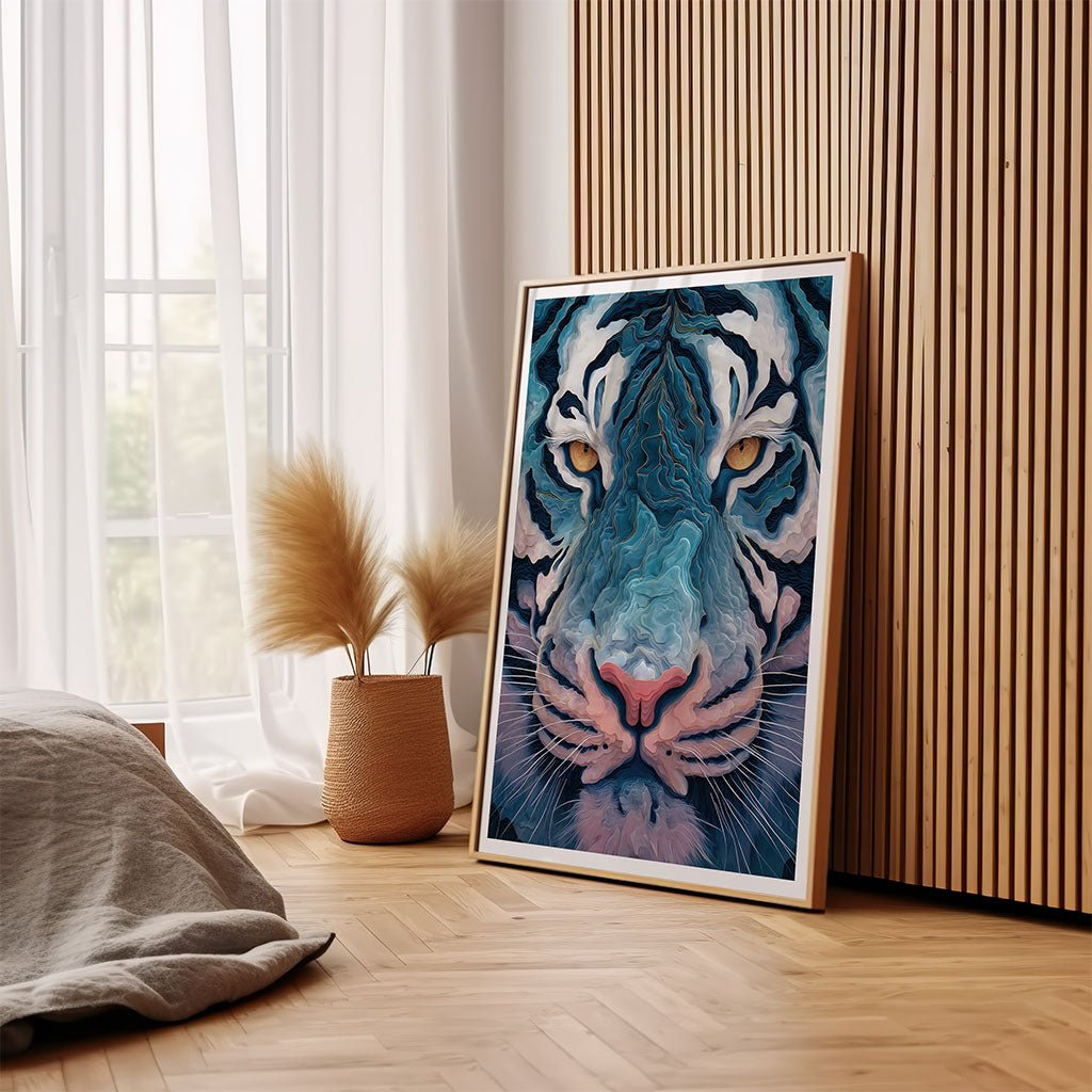 Electric Gaze" by FN Prints, a vibrant blue tiger framed wall art, leans against a wood-paneled wall with a basket of dried pampas grass and a sunlit bed with white linens nearby.