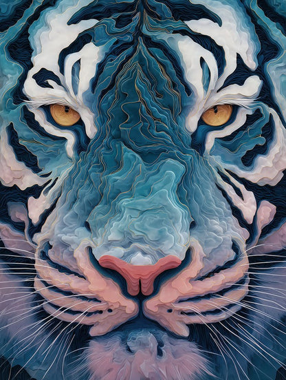 Electric Gaze by FN Prints is a modern wall art featuring a close-up digital tiger face with golden eyes, pink nose, and swirling blue, white, and pink lines—perfect for making a bold statement.