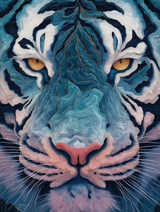 Electric Gaze by FN Prints is a modern wall art featuring a close-up digital tiger face with golden eyes, pink nose, and swirling blue, white, and pink lines—perfect for making a bold statement.