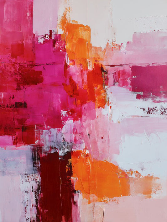 Abstract art with pink, orange, and white colors on a white background