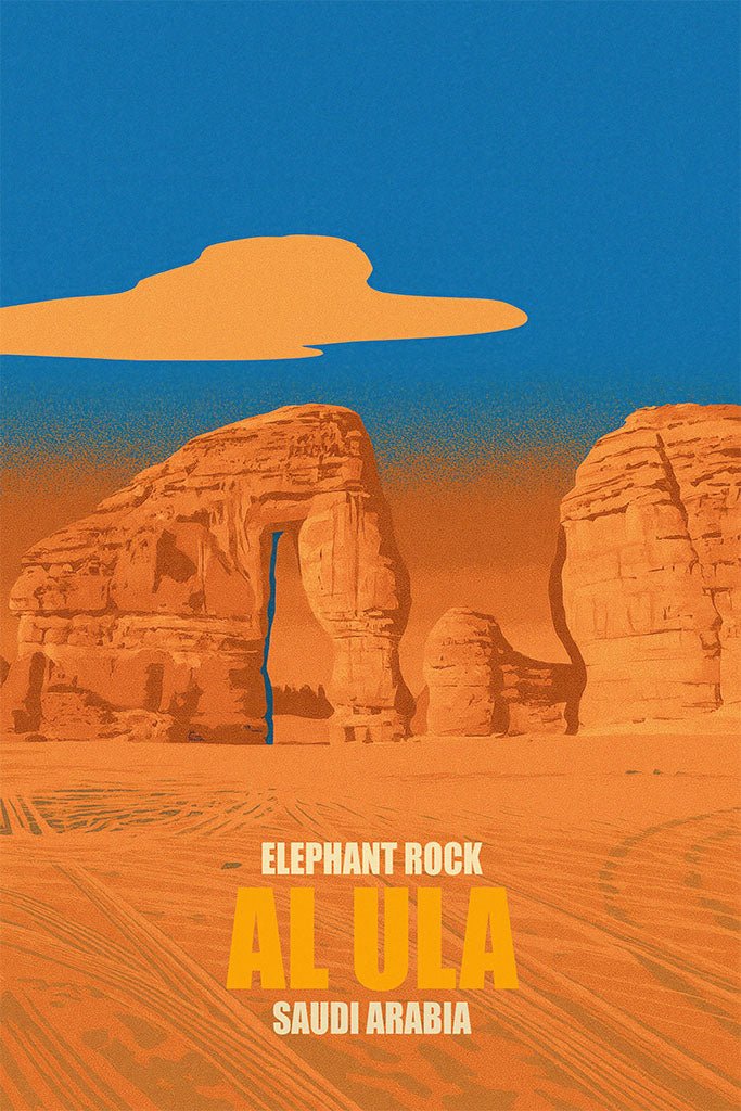 Illustration of Elephant Rock in Al Ula, Saudi Arabia with a blue sky and orange sand.