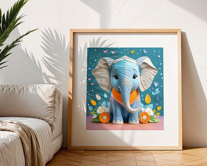 The framed artwork titled "Elie The Elephant Calf" by FN Prints features a cheerful blue elephant adorned with an orange scarf, nestled among flowers and butterflies against a vibrant wall. The illustration showcases a folded paper effect digital art style. Nearby, the sunlight creates leaf shadows, while part of a beige couch is visible on the left.