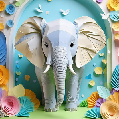 FN Prints presents Eniola The Elephant, a whimsical and colorful scene where Eniola the elephant stands amidst a vibrant pastel landscape. The background is adorned with 3D paper flowers and butterflies, crafting a playful and imaginative atmosphere enhanced by a delightful folded paper effect.