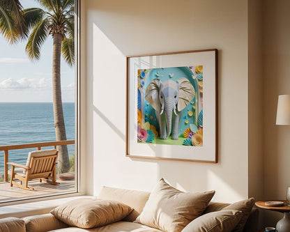 An eye-catching FN Prints artwork titled "Eniola The Elephant" decorates the living room wall, showcasing a lively pastel landscape with two vibrant elephants—perfect for children's areas. The room benefits from an ocean view framed by its expansive window, complemented by a palm tree and a wooden lounge chair on the balcony. A beige sofa sits snugly beneath the window.