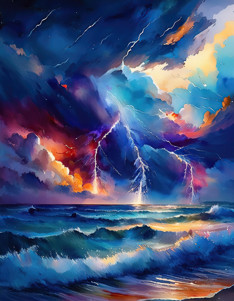 The "Tropical Stormy Seas" by FN Prints presents a vibrant and dramatic seascape, showcasing crashing waves under a tempestuous sky filled with dark, stormy clouds illuminated by vivid lightning bolts. The tropical storm's rich hues of blue, purple, orange, and yellow create a dynamic and intense atmosphere.