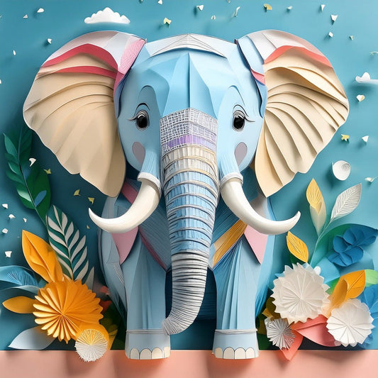 Essa The Elephant by FN Prints captures a vibrant paper art depiction of a majestic matriarch elephant on a blue background. This exquisite piece showcases intricate folded paper crafting the elephant's detailed features in pastel colors, complemented by colorful paper flowers, leaves, and clouds—an ideal addition to children's spaces.