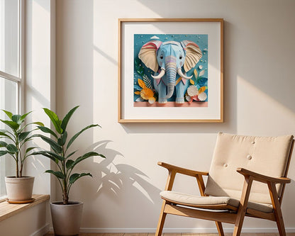 A sunlit room showcases the framed "Essa The Elephant" artwork by FN Prints on the wall. This piece features a folded paper effect, enhancing the vibrancy and depth of the space. The room also includes a beige cushioned chair and two potted plants resting on a wooden bench, with natural light streaming in from the window.