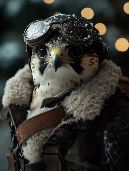 Stylized falcon wearing aviator goggles and a shearling jacket. Cinematic, vintage-inspired animal wall art print.